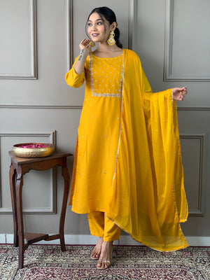 Rayon Slub Embroidered Kurta Pant Dupatta Set – Yellow