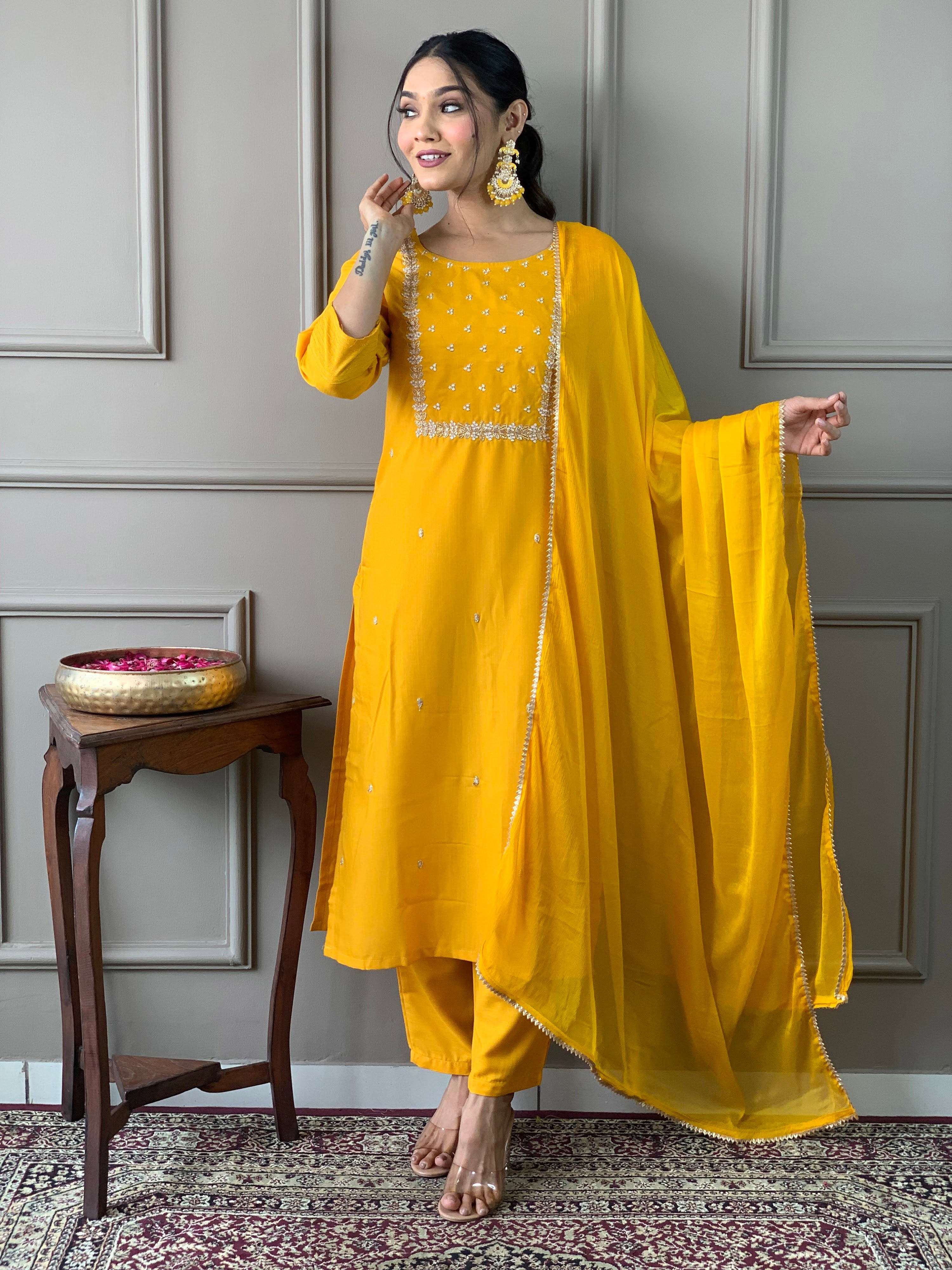 Rayon Slub Embroidered Kurta Pant Dupatta Set – Yellow