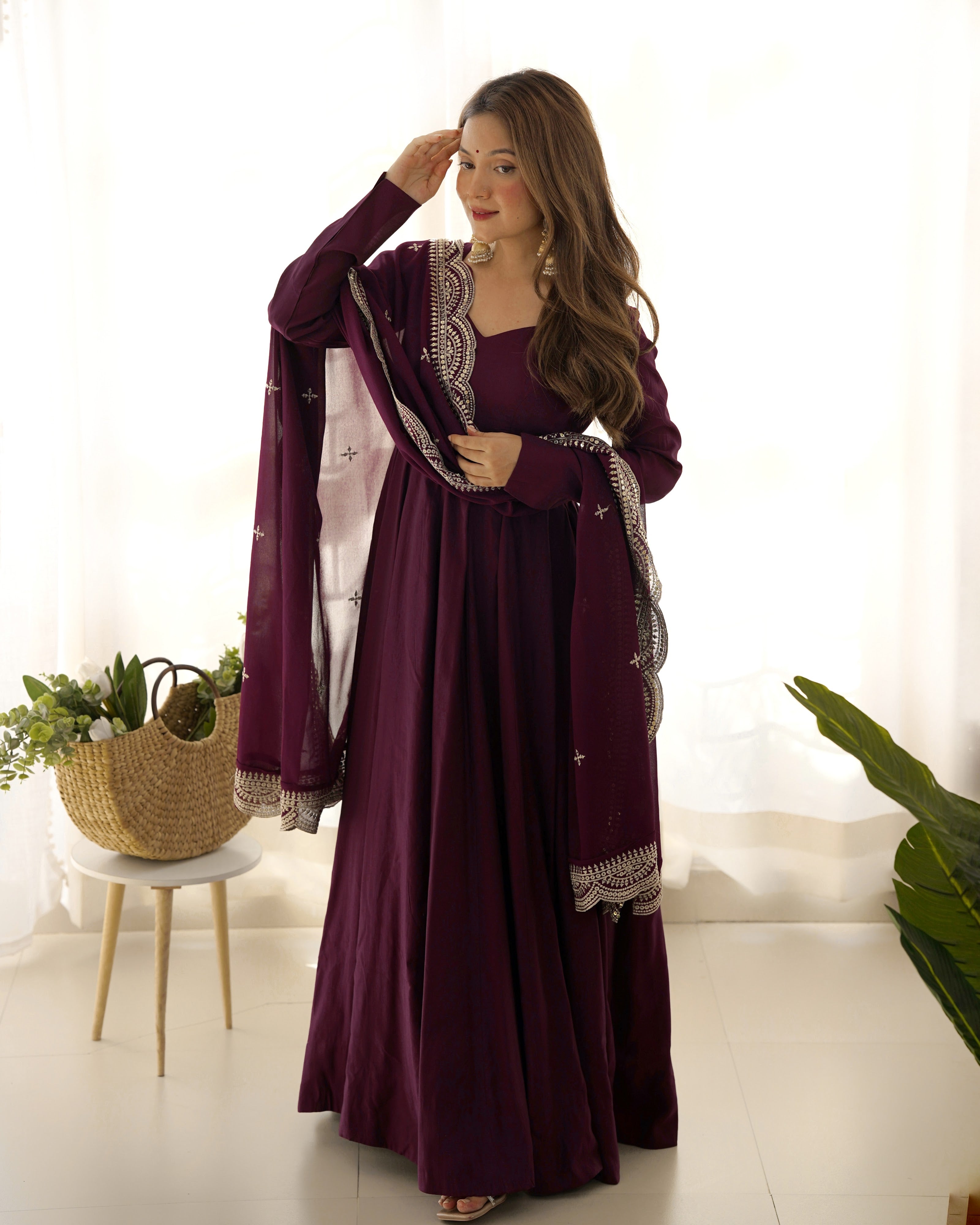 Roman Chanderi Silk Embroidered Anarkali Set – Wine