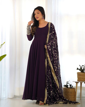 Georgette Embroidered Gown Set – Wine