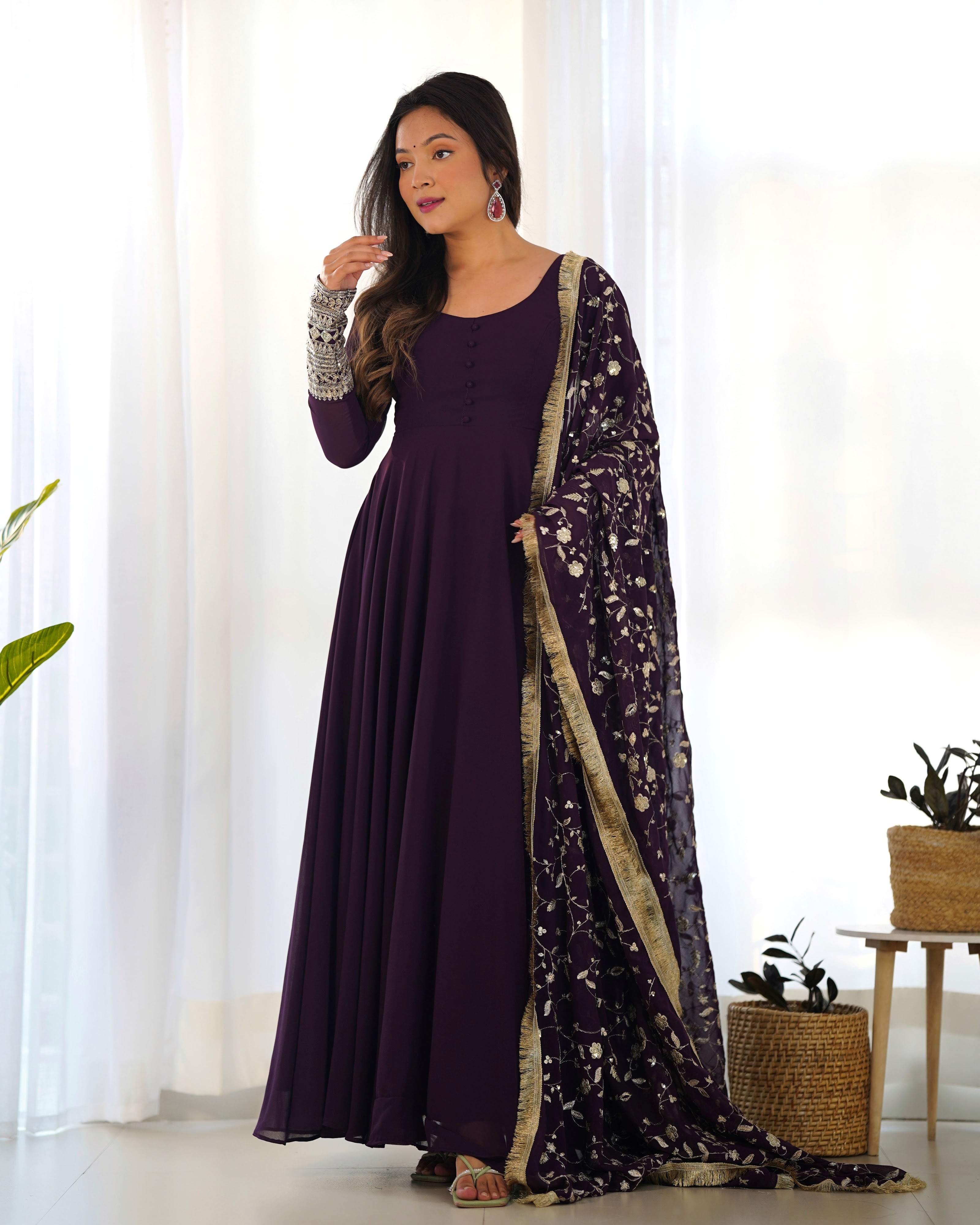 Georgette Embroidered Gown Set – Wine
