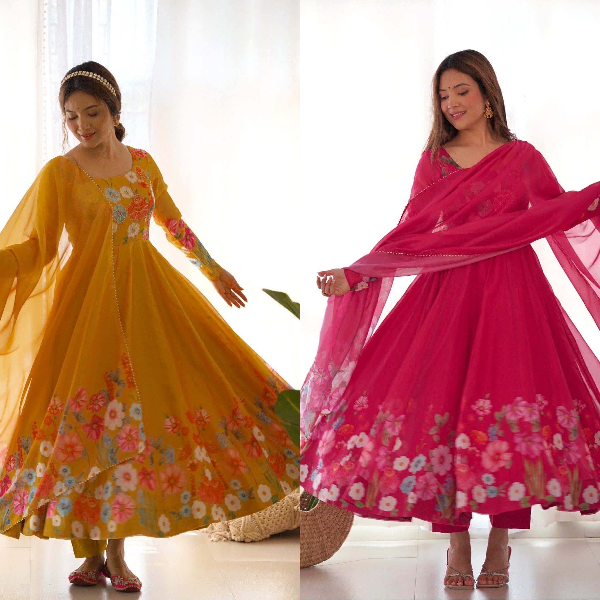 Organza Silk Printed Anarkali Set – Yellow