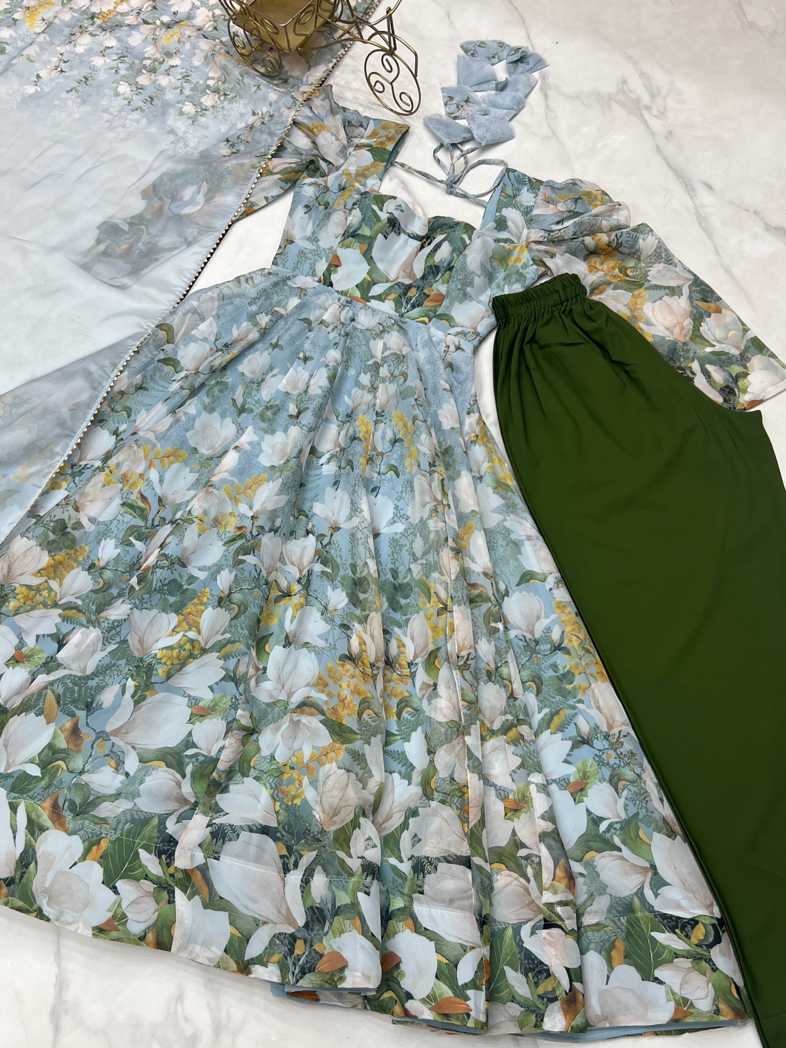 Organza Silk Printed Anarkali Set – Powder Blue Floral