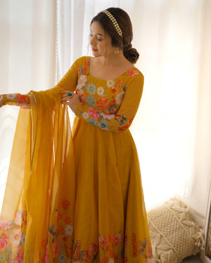 Organza Silk Printed Anarkali Set – Yellow
