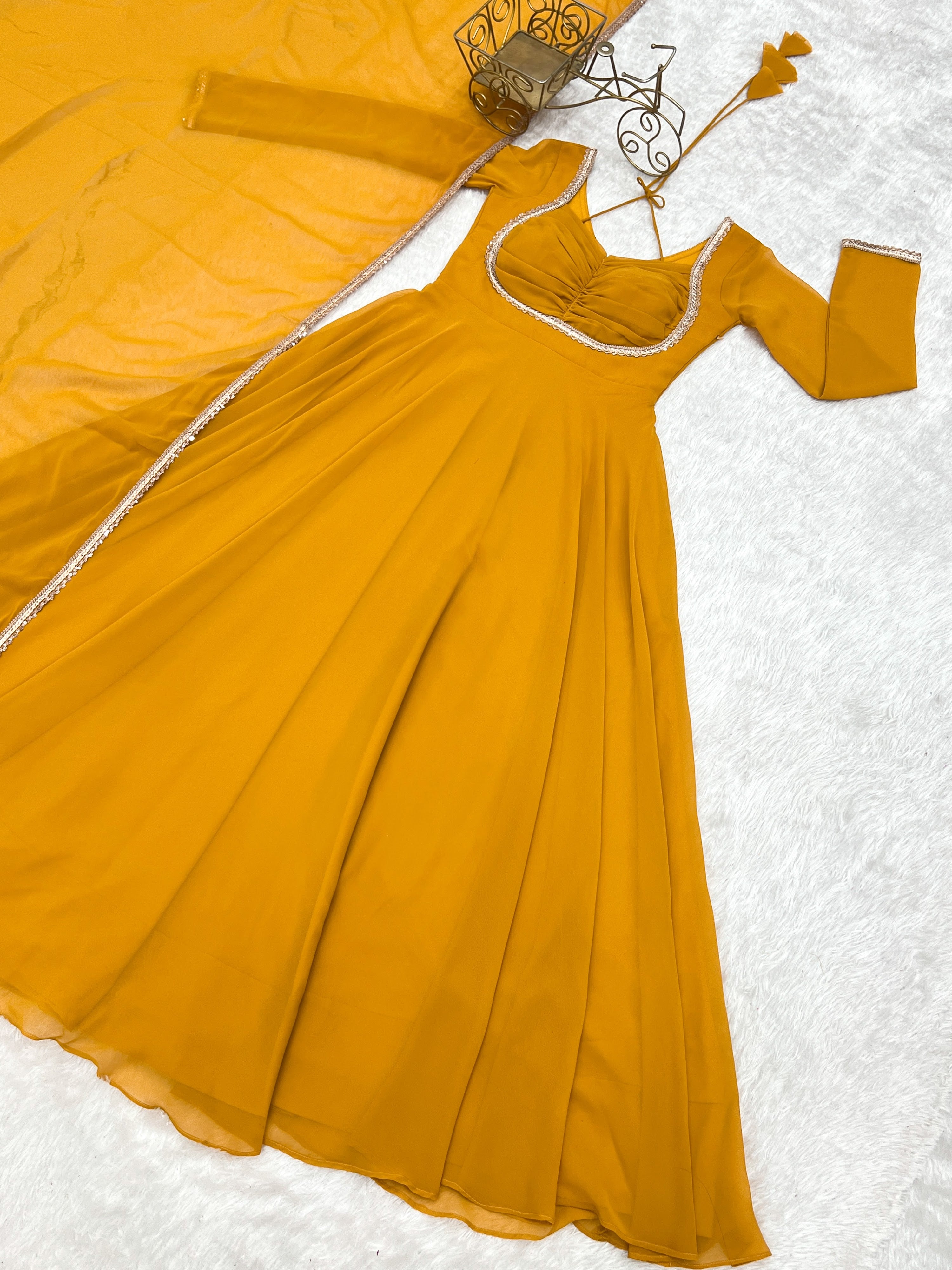 Georgette Embroidered Gown Set – Yellow