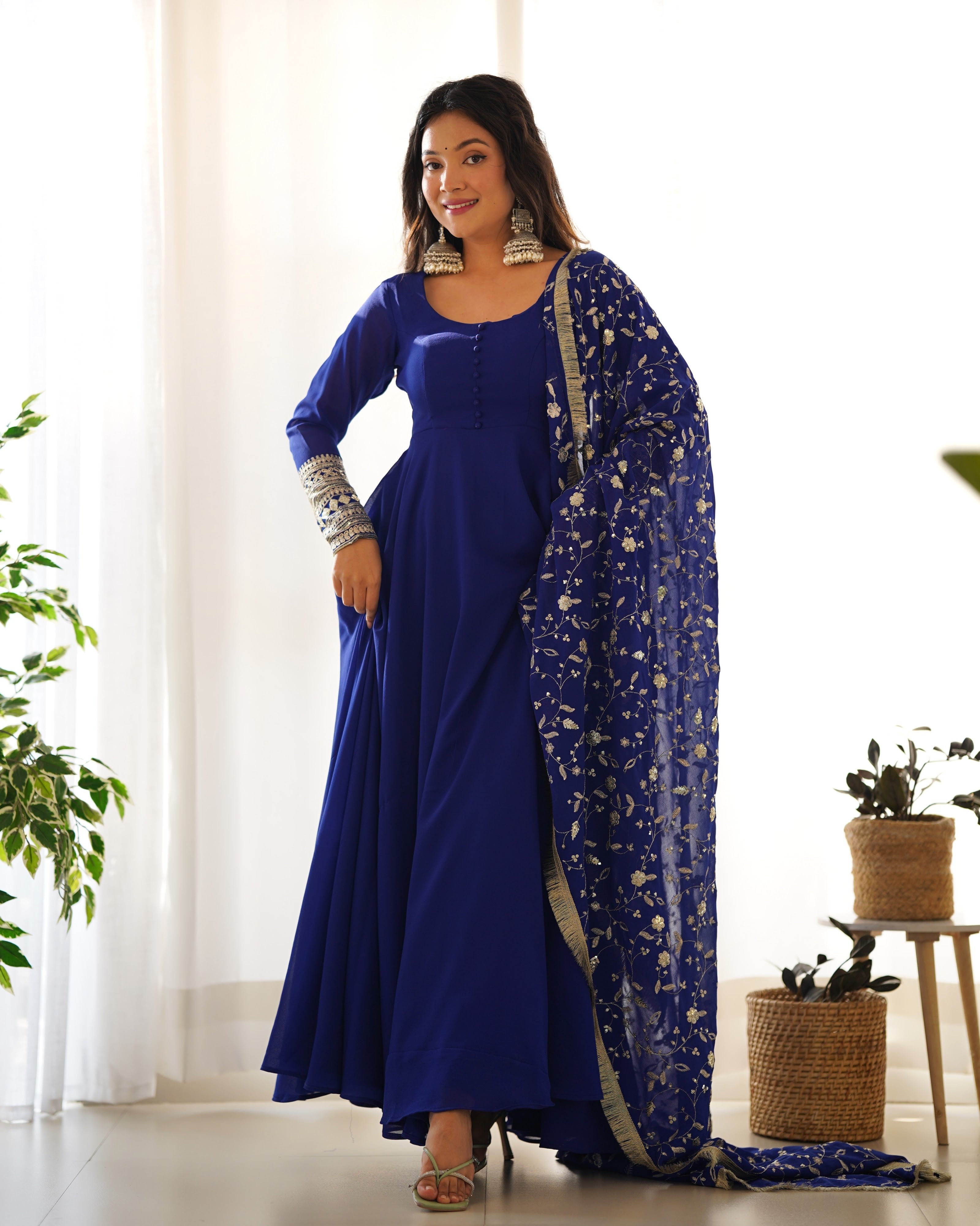 Georgette Embroidered Gown Set – Blue
