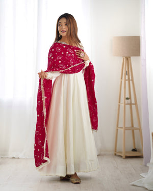 Vichitra Silk Designer Anarkali Set – Ivory & Rani Pink