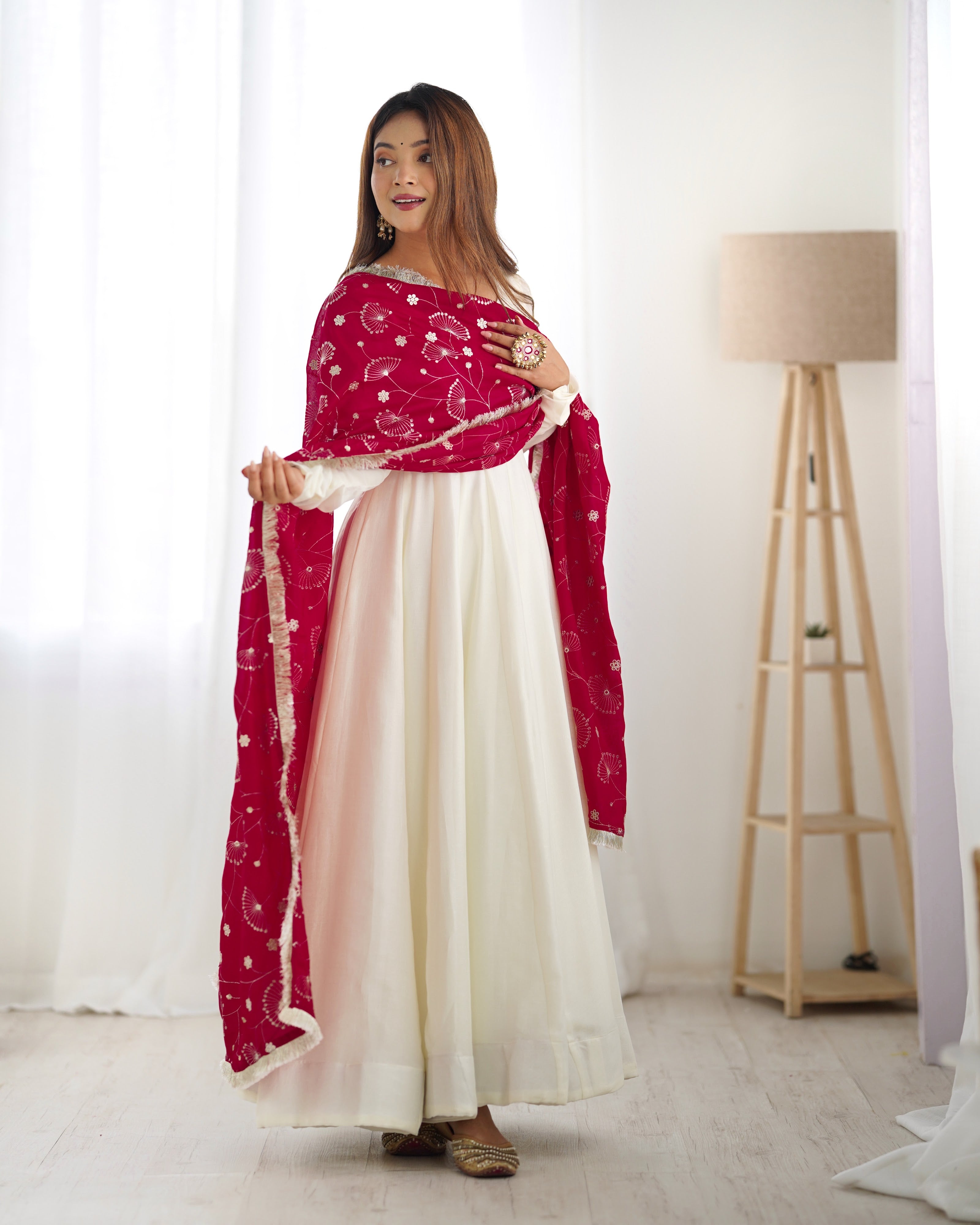 Vichitra Silk Designer Anarkali Set – Ivory & Rani Pink