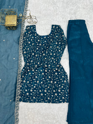 Crunchy Silk Embroidered Bell Bottom Set – Teal Blue