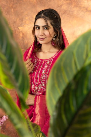 Marina Silk Embroidered Straight Kurti Set – Pink