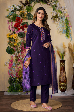 Roman Silk Embroidered Straight Kurti Set – Purple