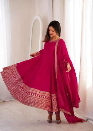 Vichitra Silk Embroidered Anarkali Set – Rani Pink