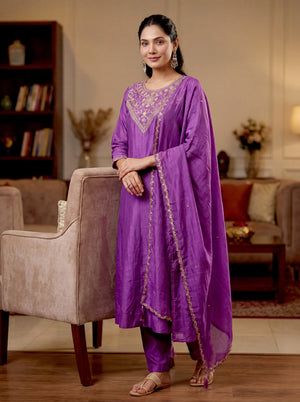 Vichitra Silk Embroidered Kurta Pant Dupatta Set – Purple