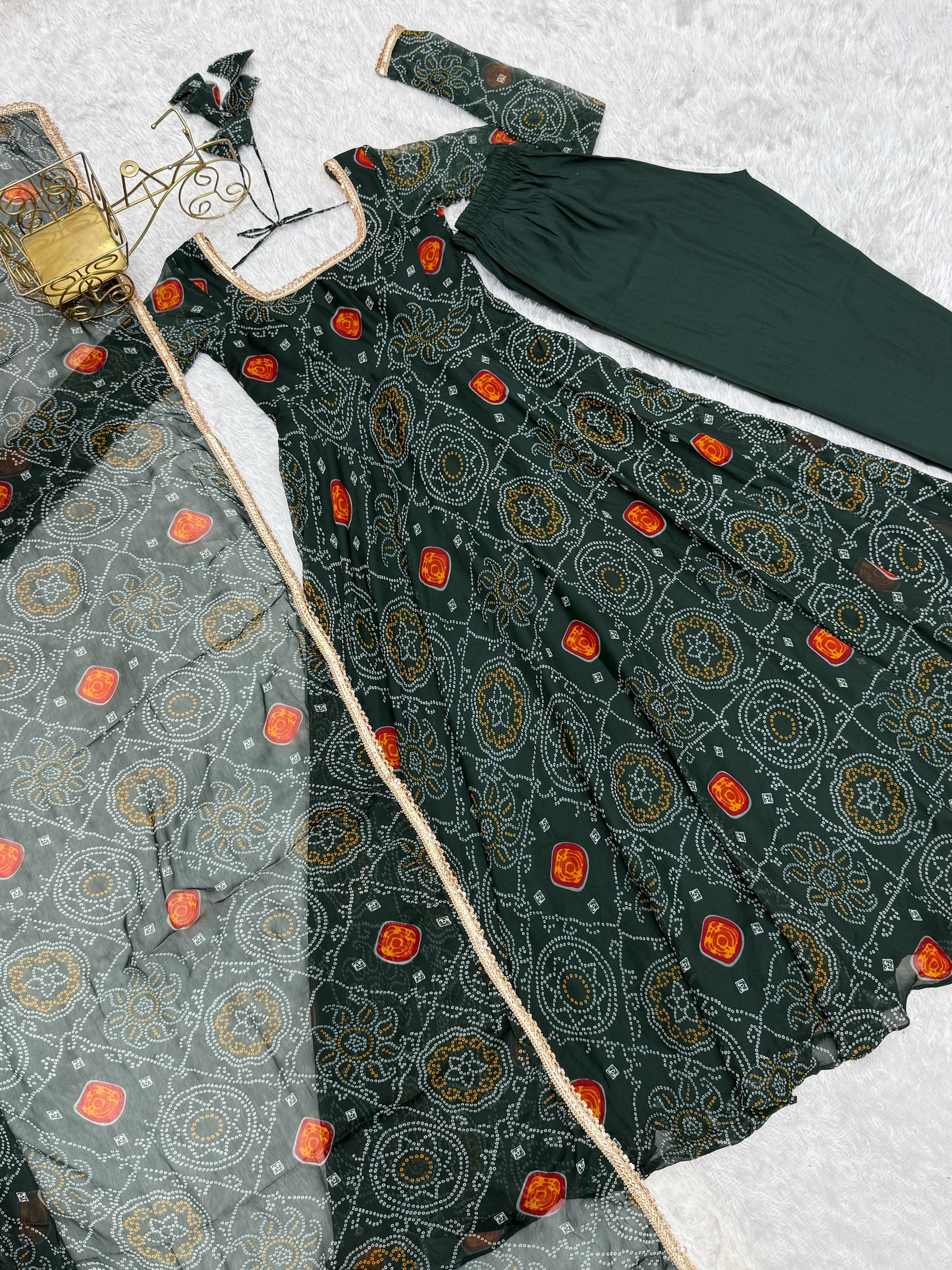 Soft Lightweight Chiffon Bandhej Fabric Inner Micro Cotton Embroidered Anarkali Set – Green
