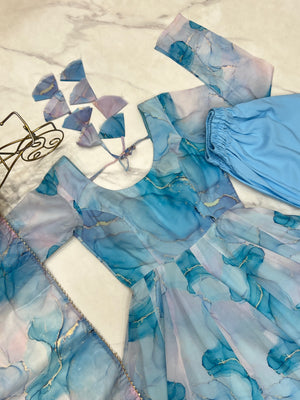 Organza Silk Printed Anarkali Set – Sky Blue