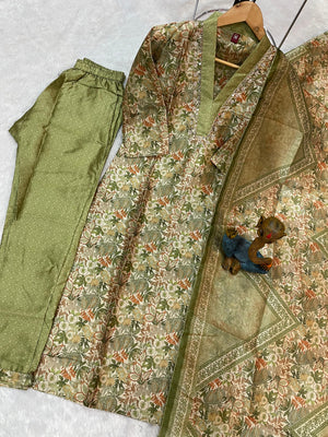 Zarna Silk Embroidered Straight Kurti Set – Sage Green