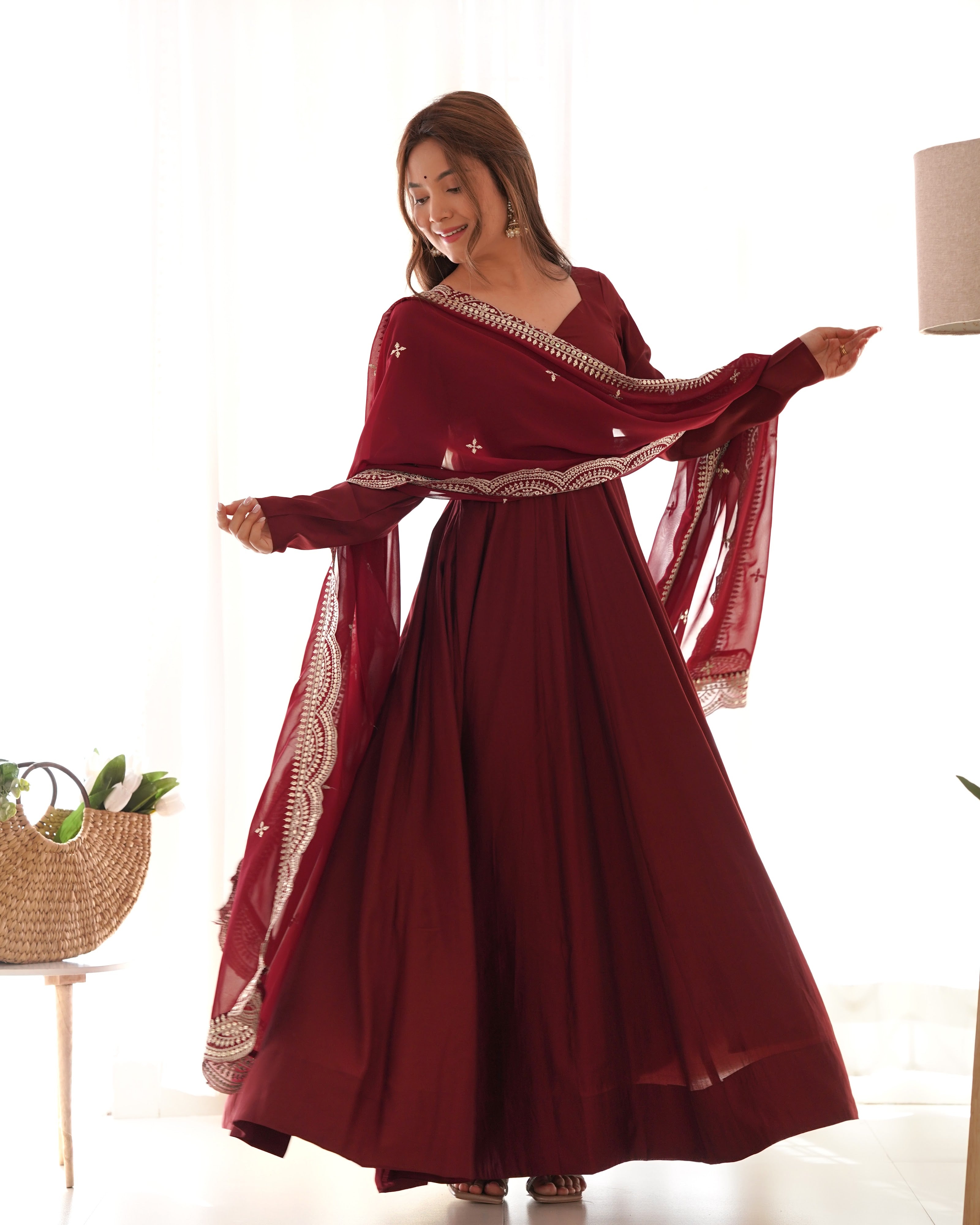 Roman Chanderi Silk Embroidered Anarkali Set – Maroon