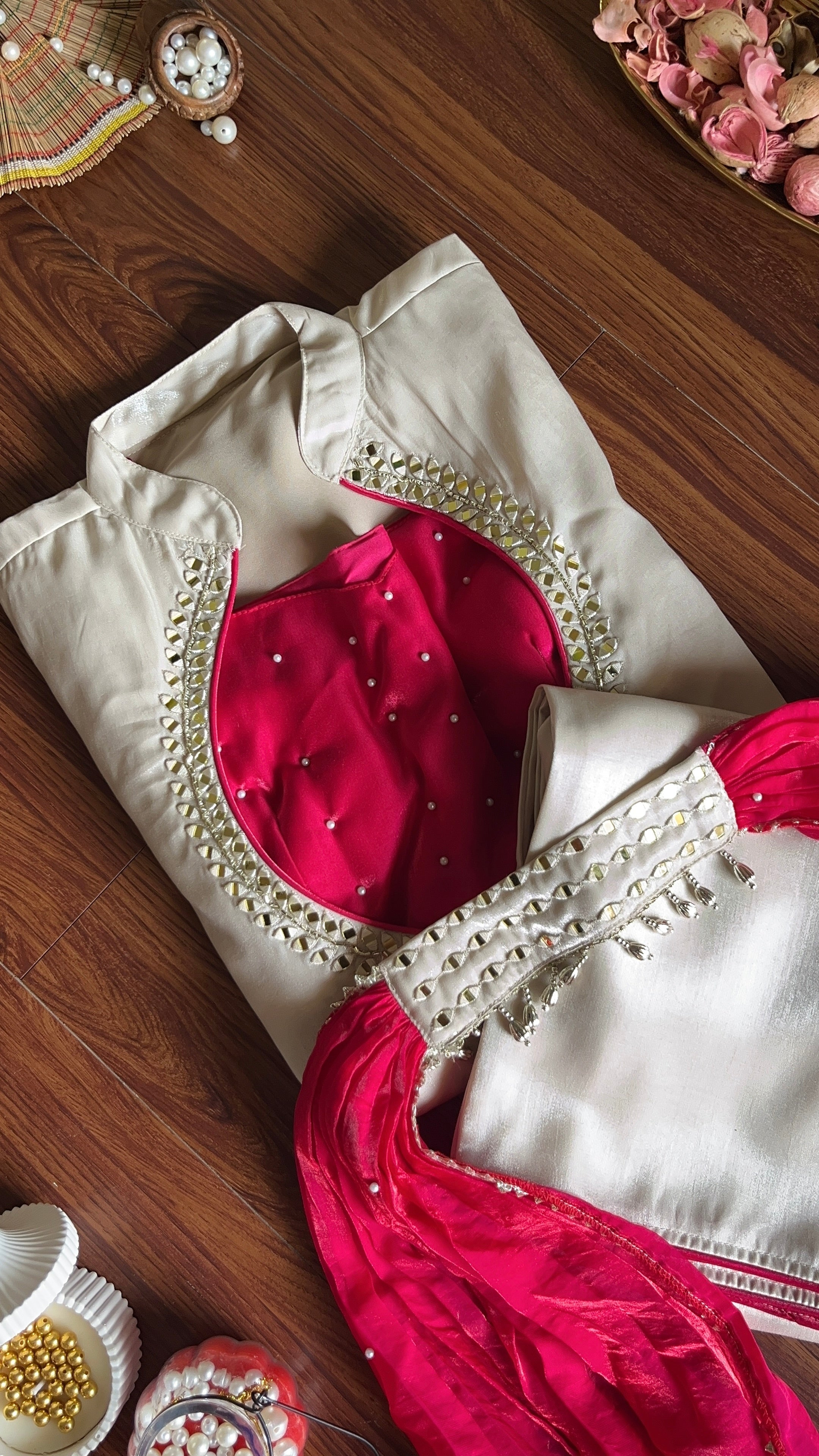 Roman Glass Silk Embroidered Kurti + Blouse + Palazzo Set – Ivory & Rani Pink