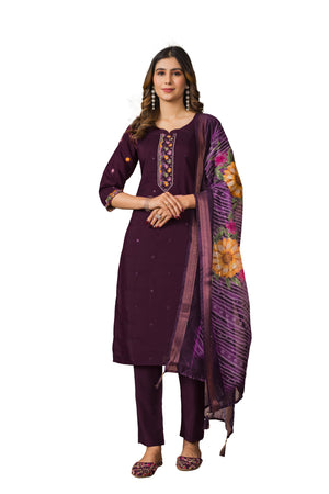 Roman Silk Embroidered Straight Kurti Set – Wine