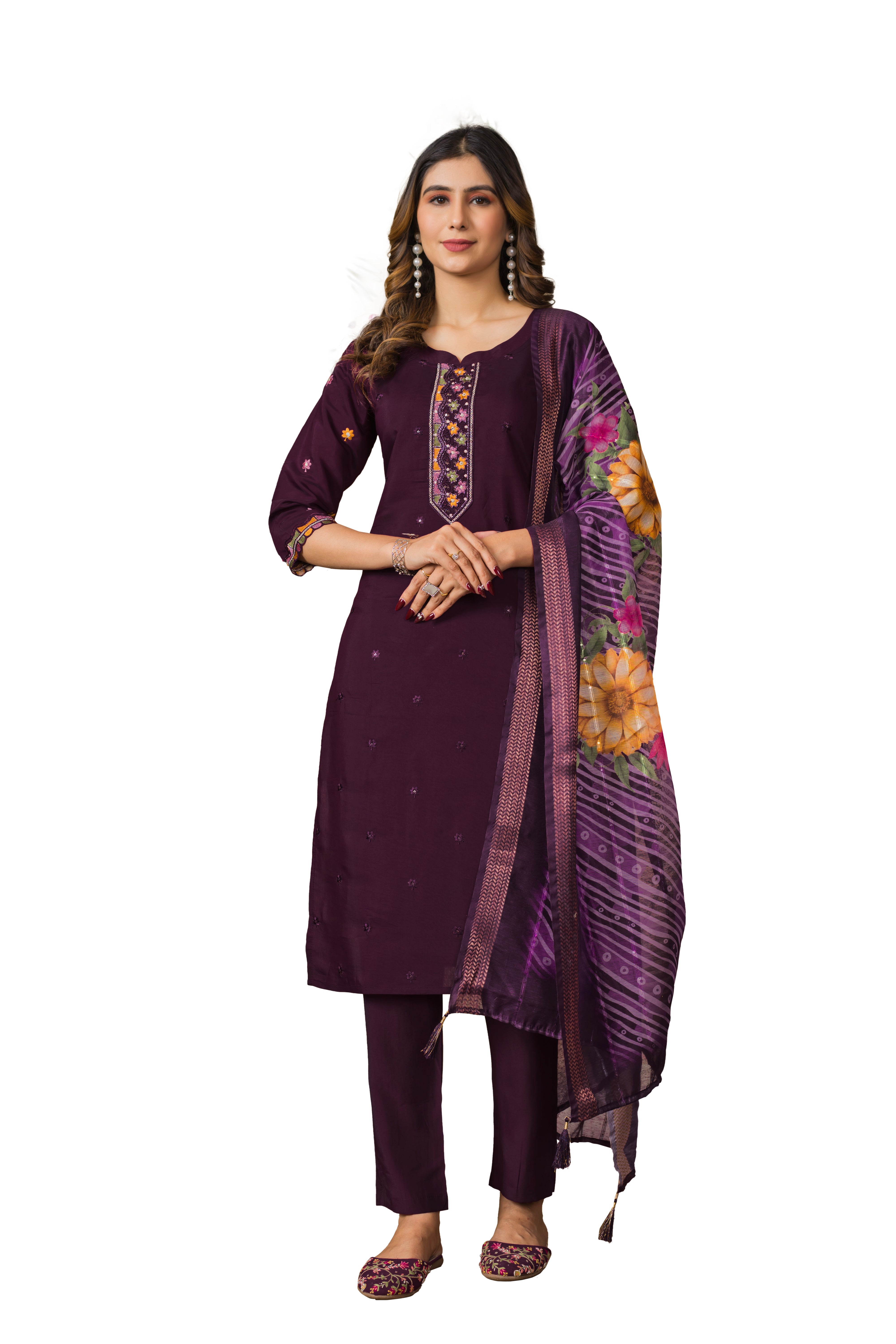Roman Silk Embroidered Straight Kurti Set – Wine