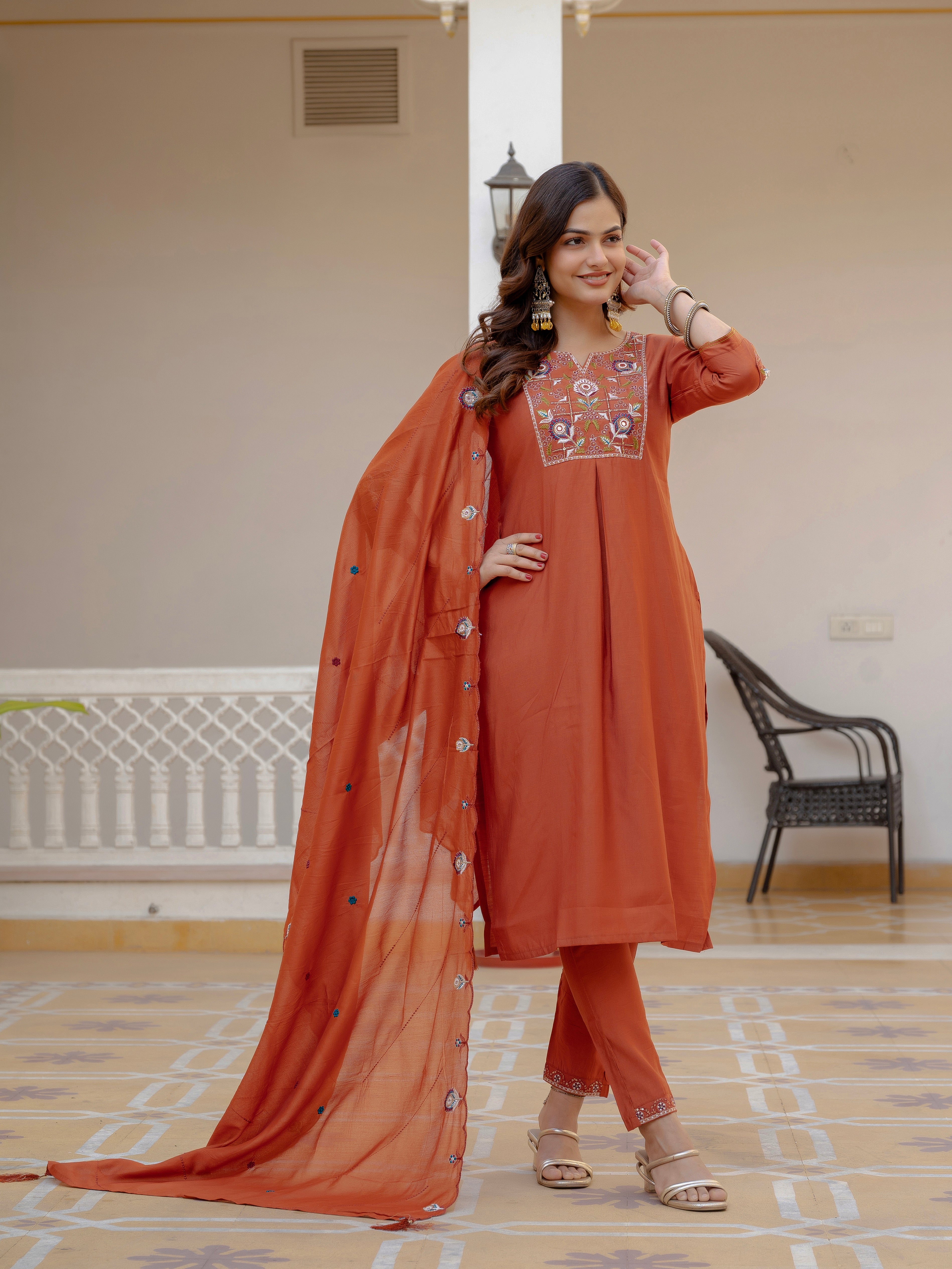 Pure Viscose Mango Silk Embroidered Straight Kurti Set – Rust