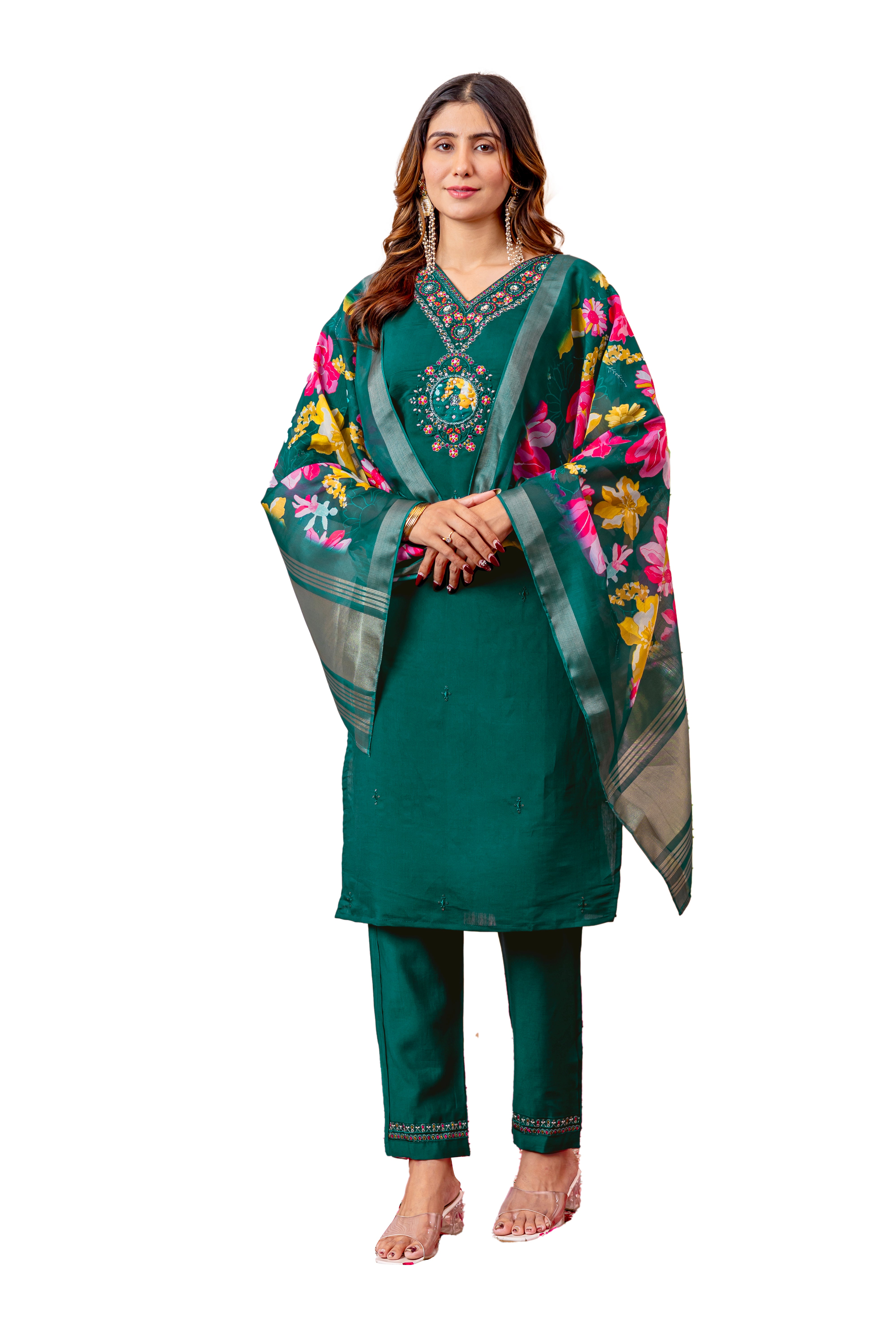 Marina Viscose Silk Embroidered Straight Kurti Set – Green