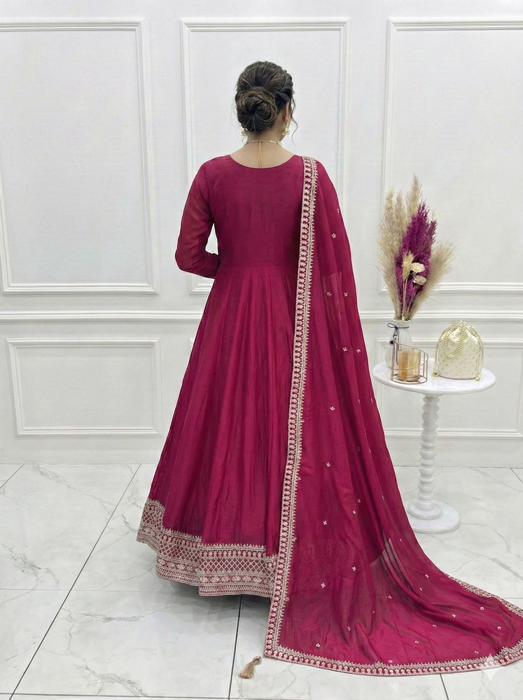 Vichitra Silk Embroidered Gown Set – Dark Pink