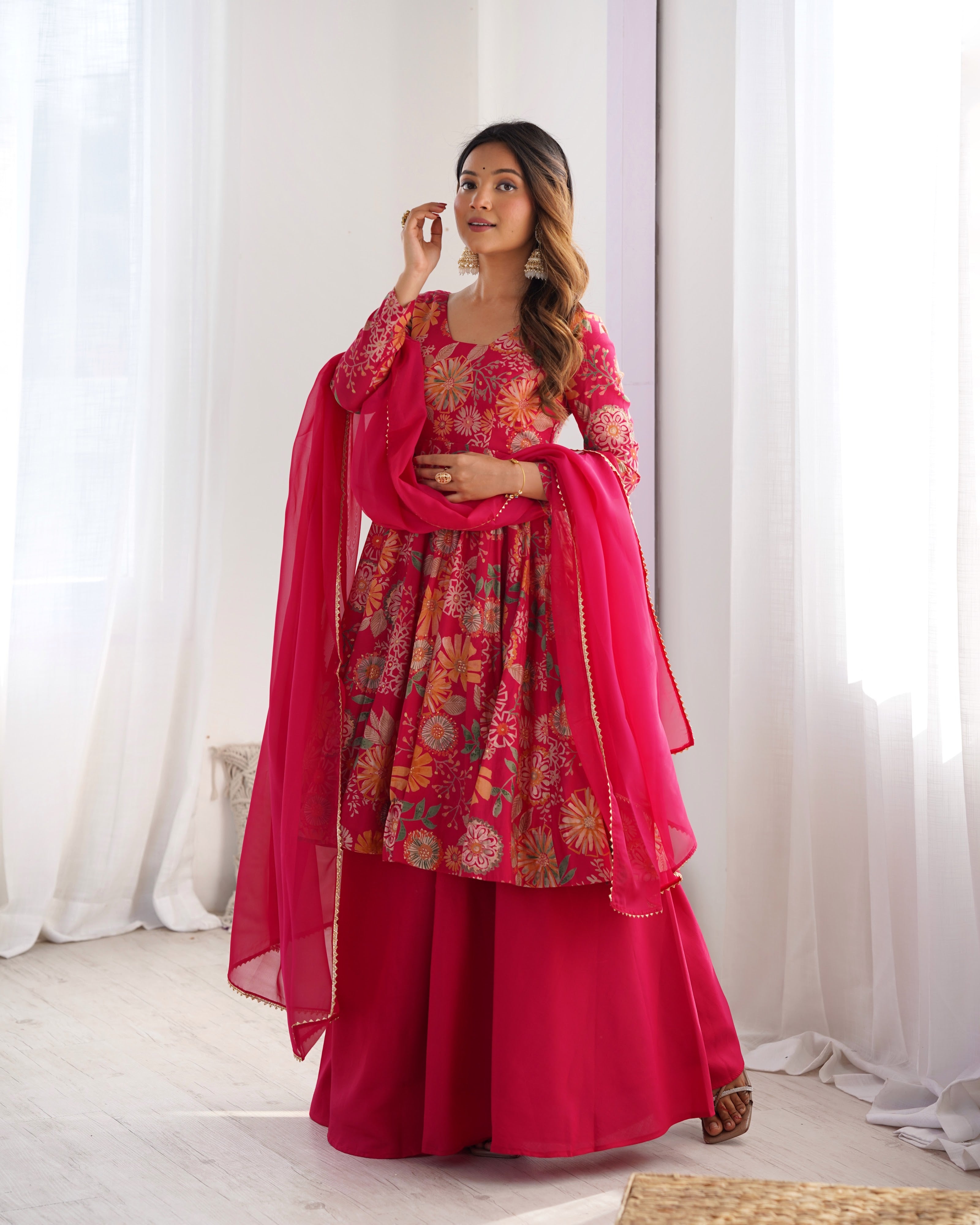 Roman Chanderi Silk Printed Kurta-Palazzo Set – Pink