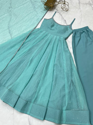 Crunchy Silk Embroidered Anarkali Set – Aqua Blue