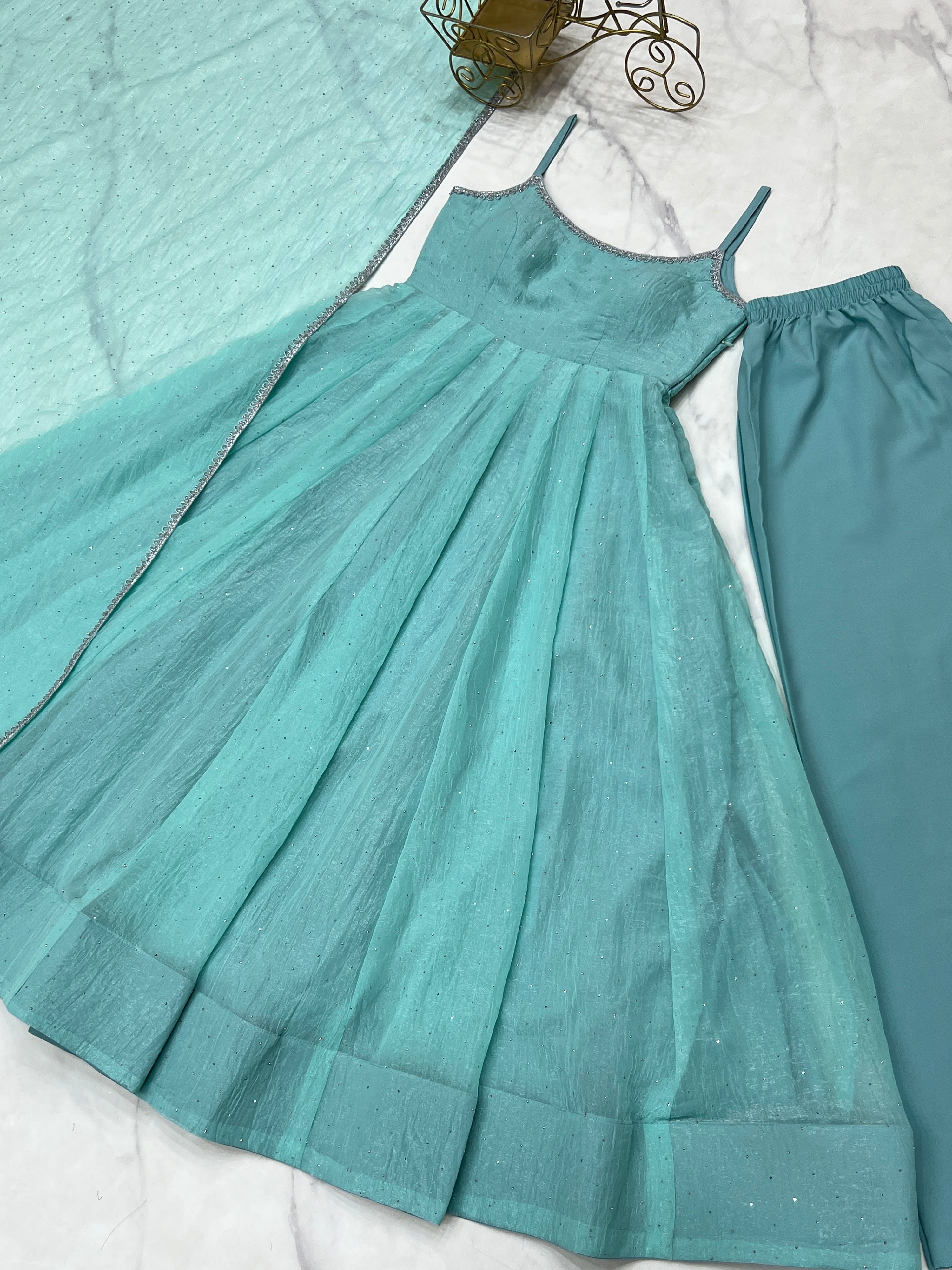 Crunchy Silk Embroidered Anarkali Set – Aqua Blue
