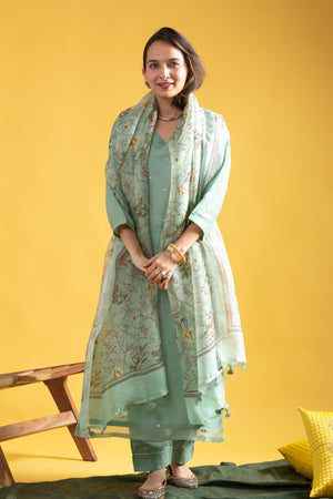 Viscose Chanderi Embroidered Kurta Pant Dupatta Set – Aqua Green