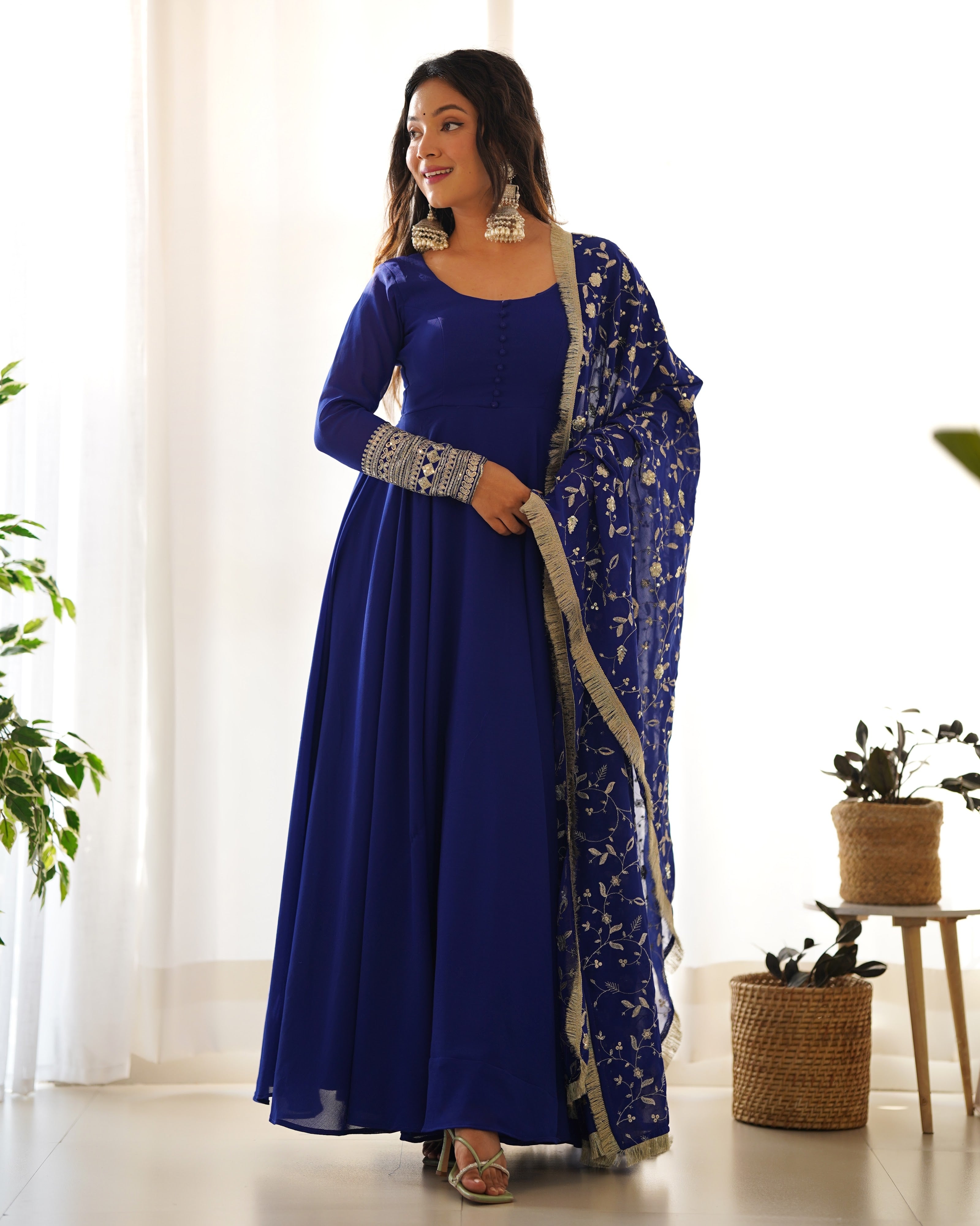 Georgette Embroidered Gown Set – Blue
