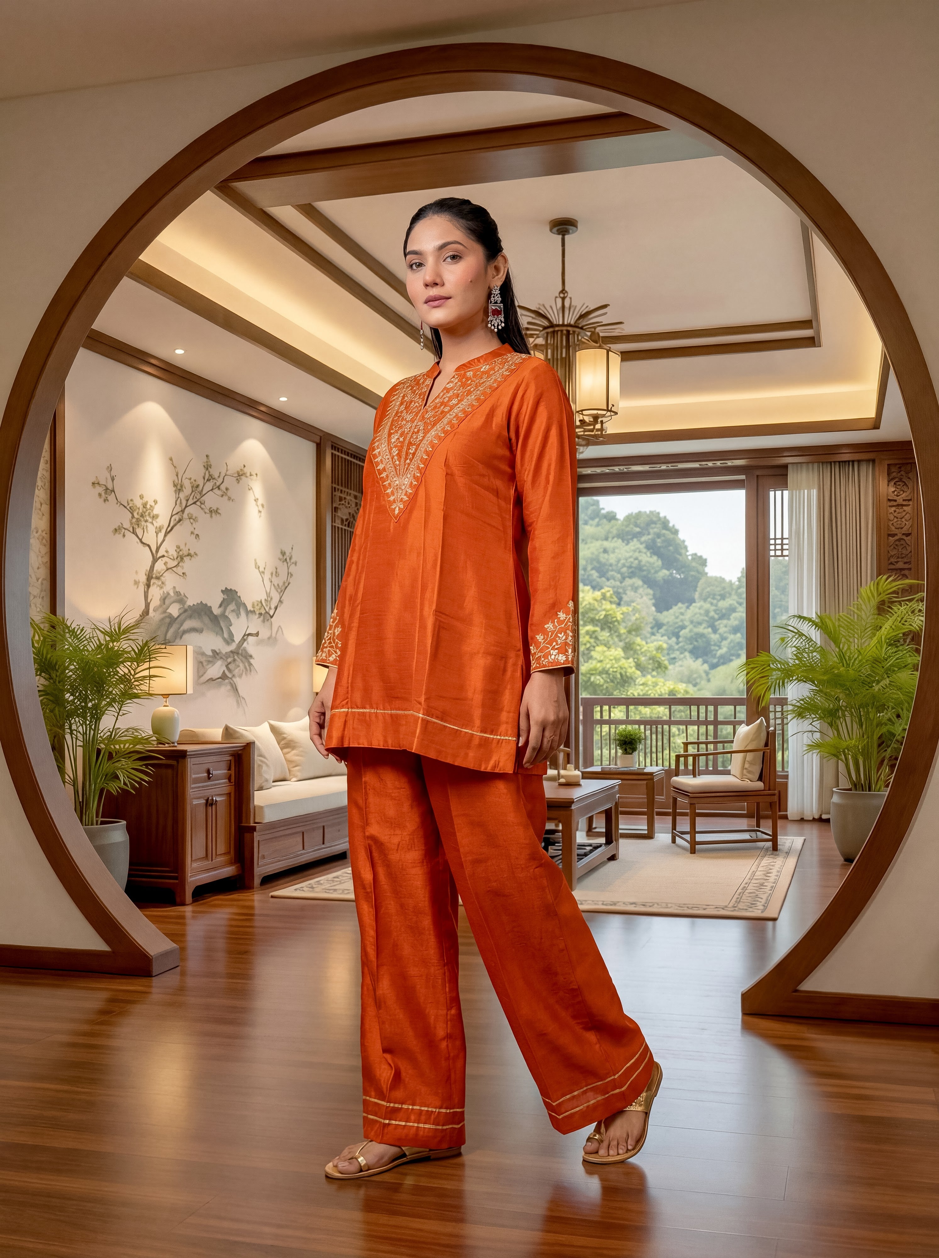 Cp Vichitra Silk Embroidered Kurta Pant Dupatta Set – Rust Orange