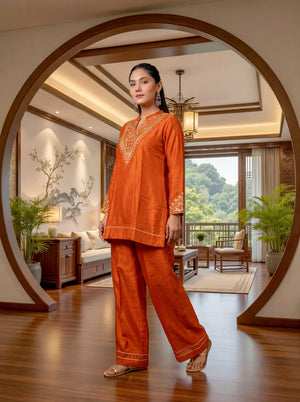 Cp Vichitra Silk Embroidered Kurta Pant Dupatta Set – Rust Orange