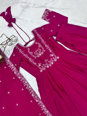 Roman Shimmer Silk Embroidered Anarkali Set – Rani Pink