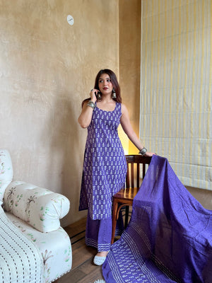 Rayon Slub Printed Kurta Pant Dupatta Set – Purple