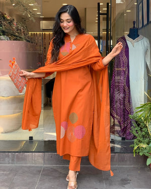 Rayon Slub Embroidered Kurta Pant Dupatta Set – Orange