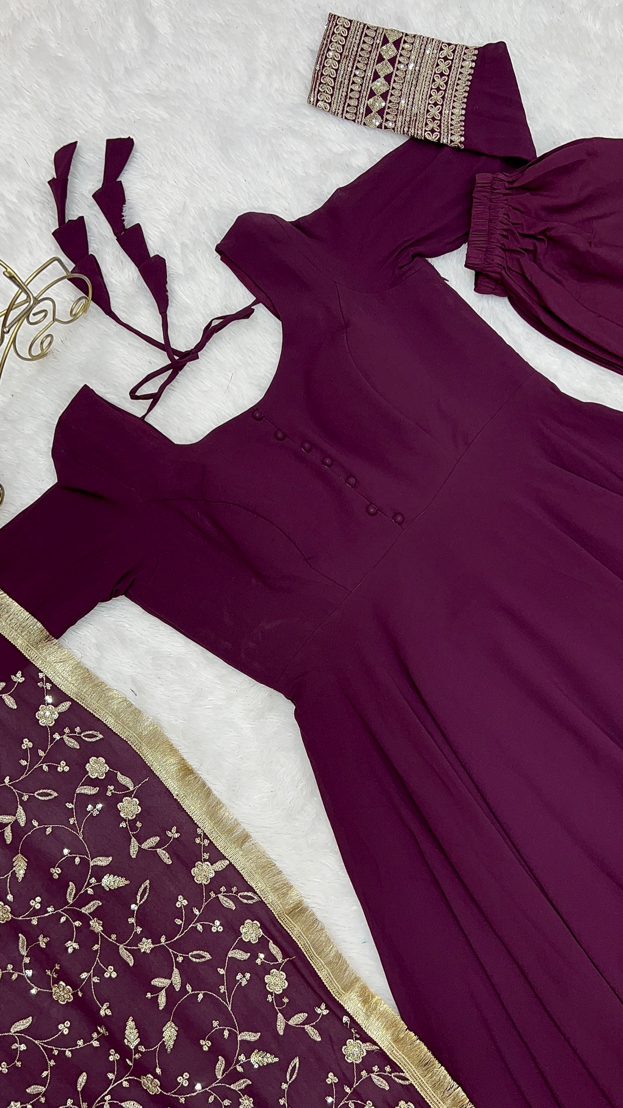 Georgette Embroidered Gown Set – Wine