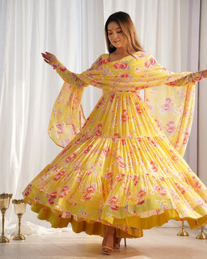 Georgette Printed Anarkali Set – Yellow