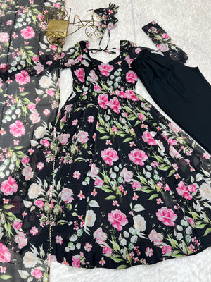 Organza Silk Printed Anarkali Set – Black