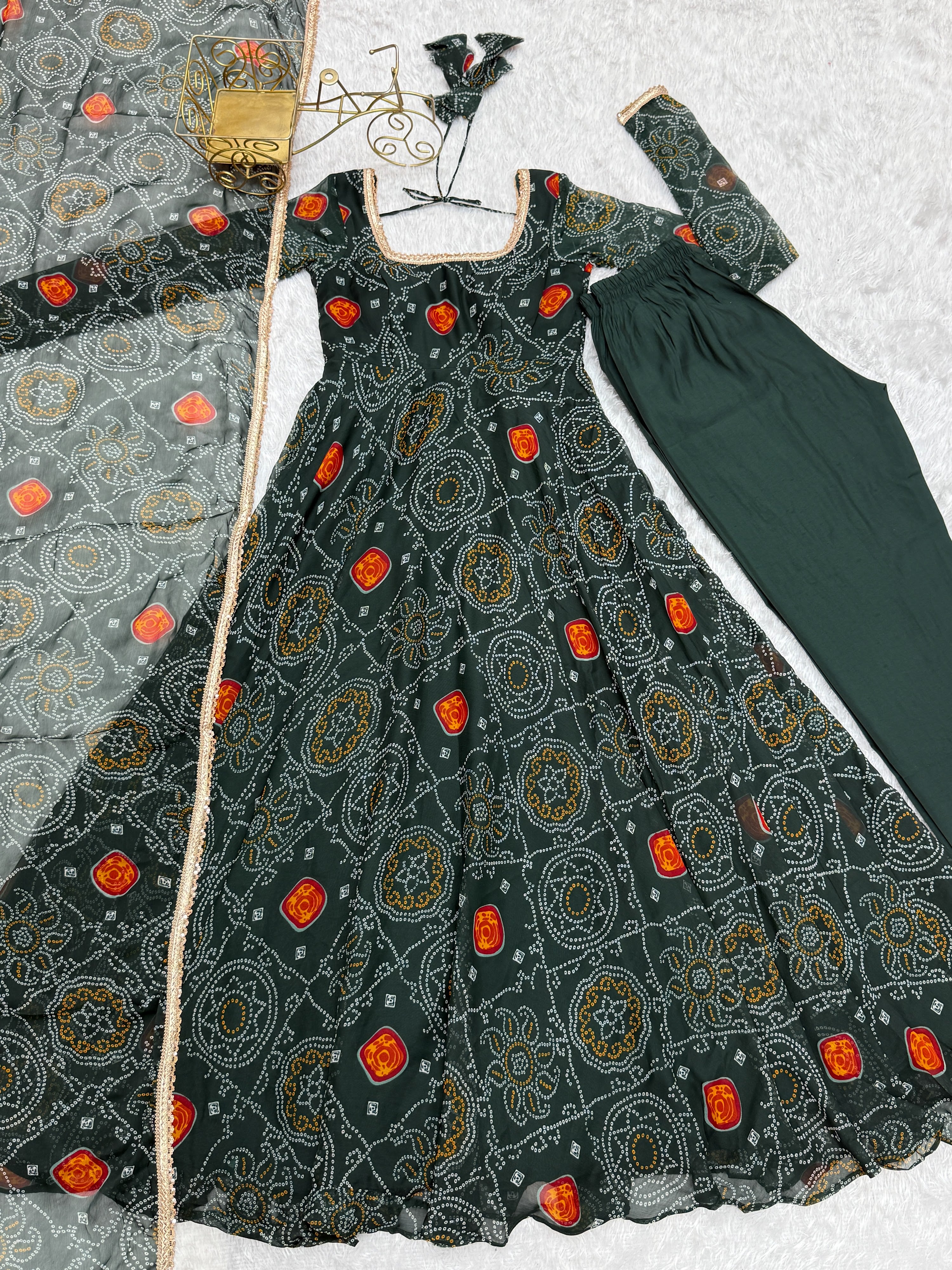 Soft Lightweight Chiffon Bandhej Fabric Inner Micro Cotton Embroidered Anarkali Set – Green