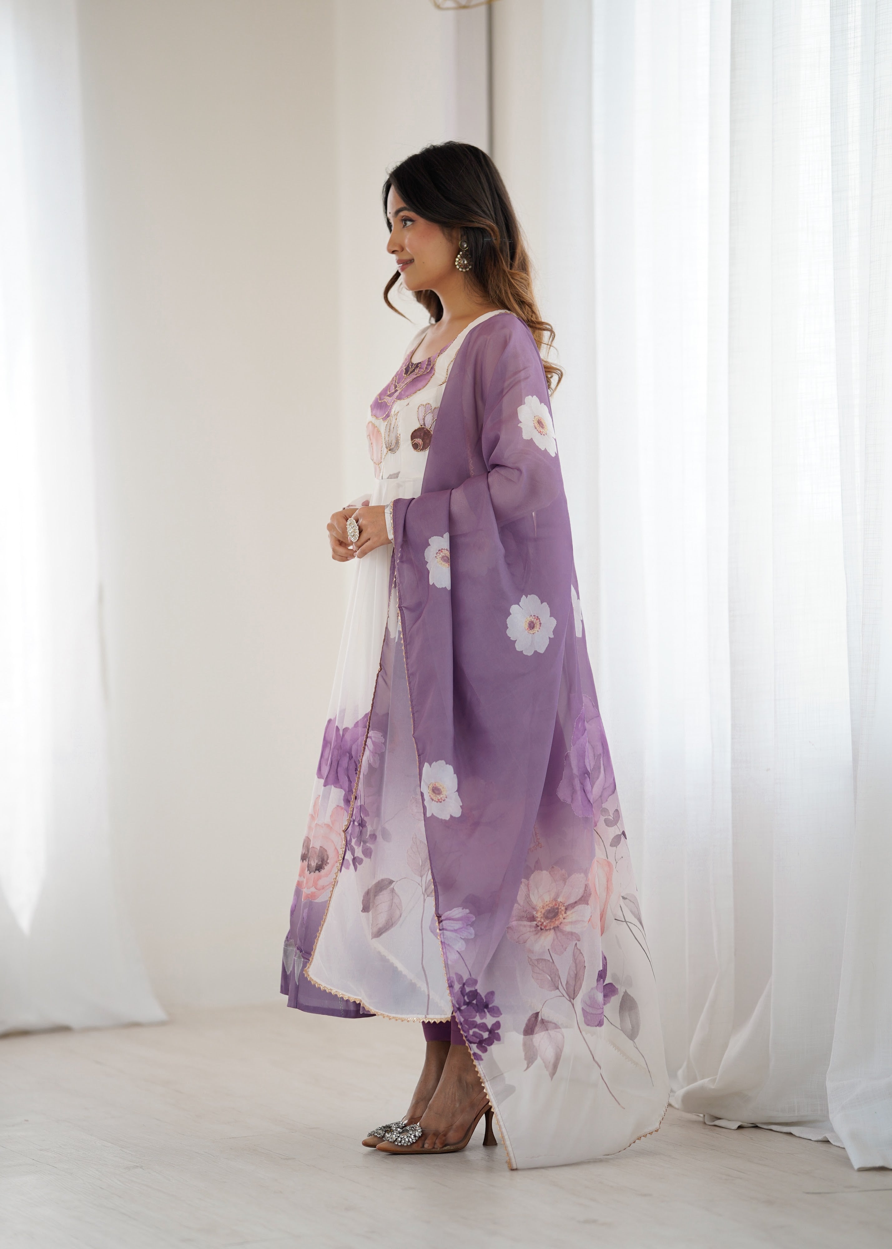 Organza Silk Printed Anarkali Set – Lilac Floral