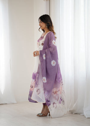 Organza Silk Printed Anarkali Set – Lilac Floral