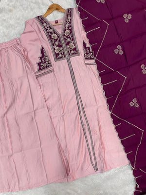 Roman Silk Embroidered Anarkali Kurti Set – Baby Pink