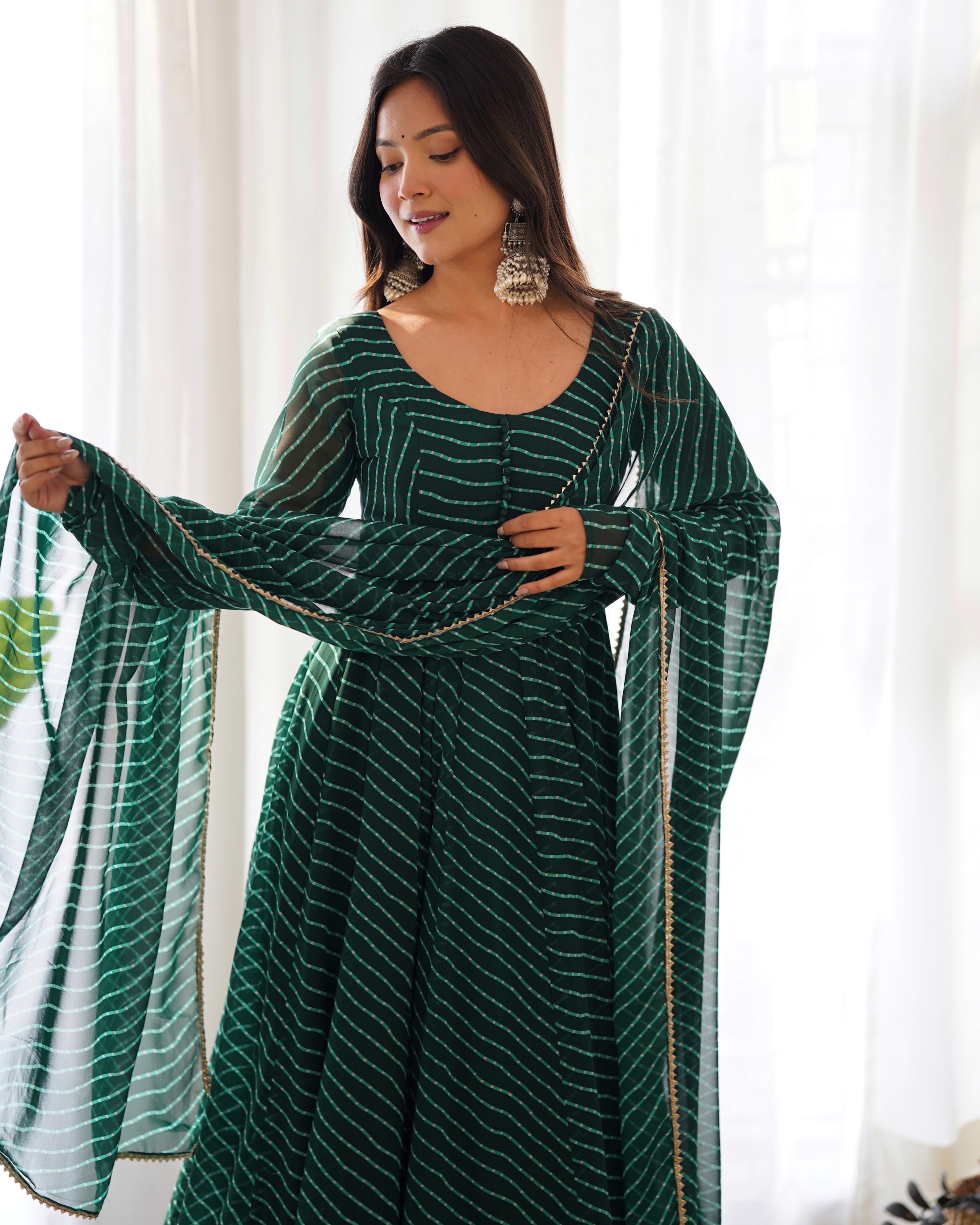 Georgette Printed Anarkali Set – Bottle Green