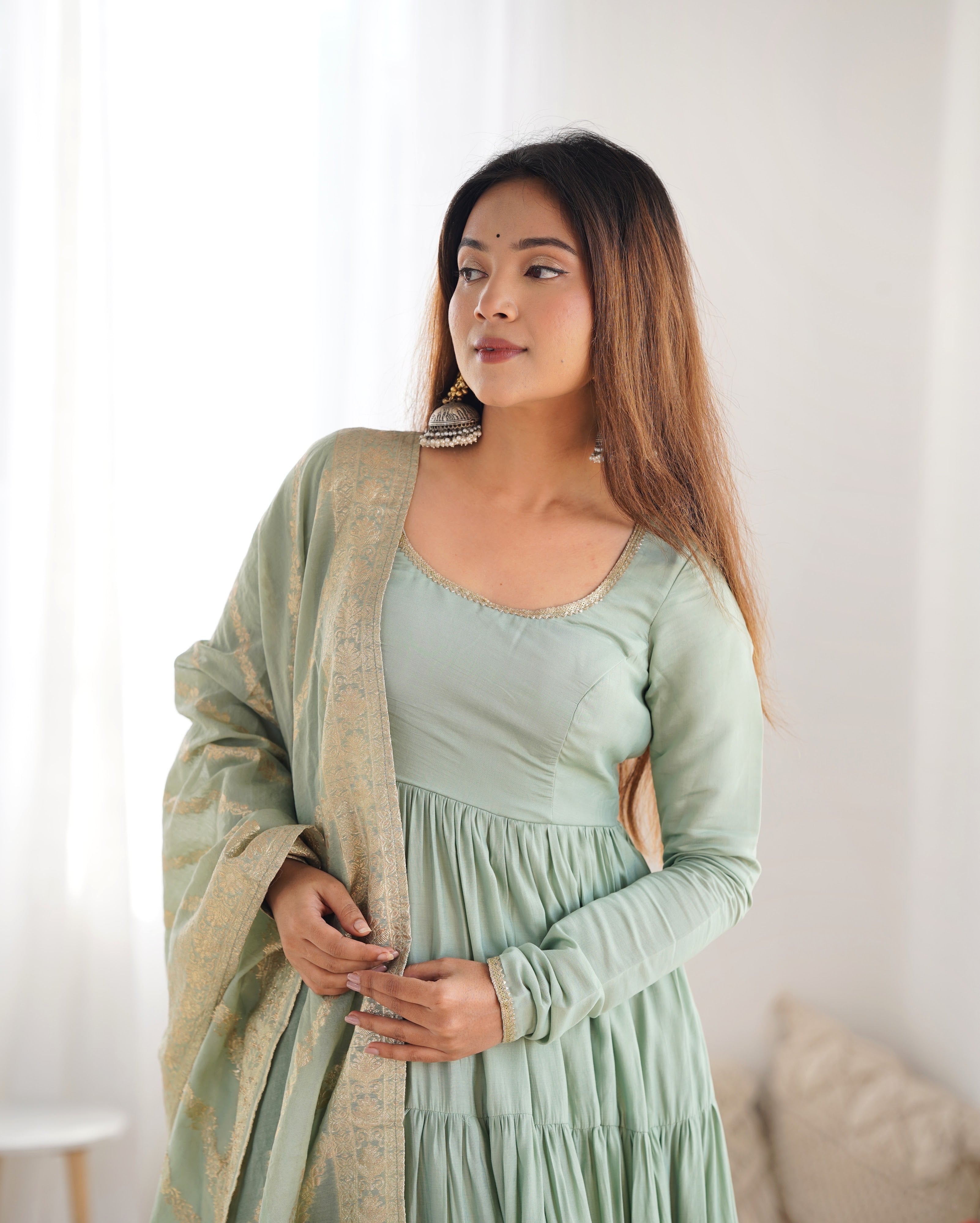 Roman Chanderi Silk Embroidered Anarkali Set – Sea Green