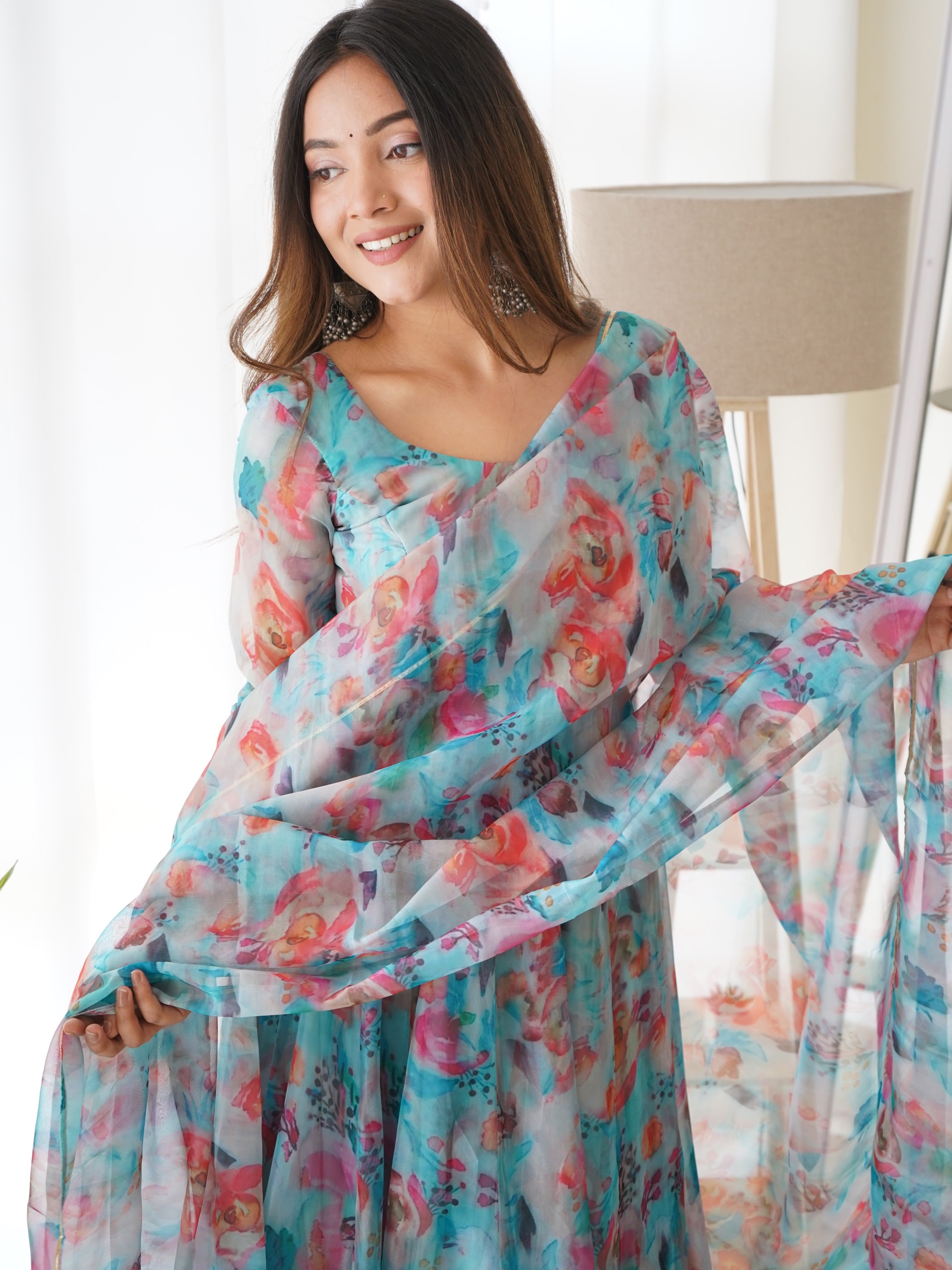 Organza Silk Printed Anarkali Set – Sky Floral