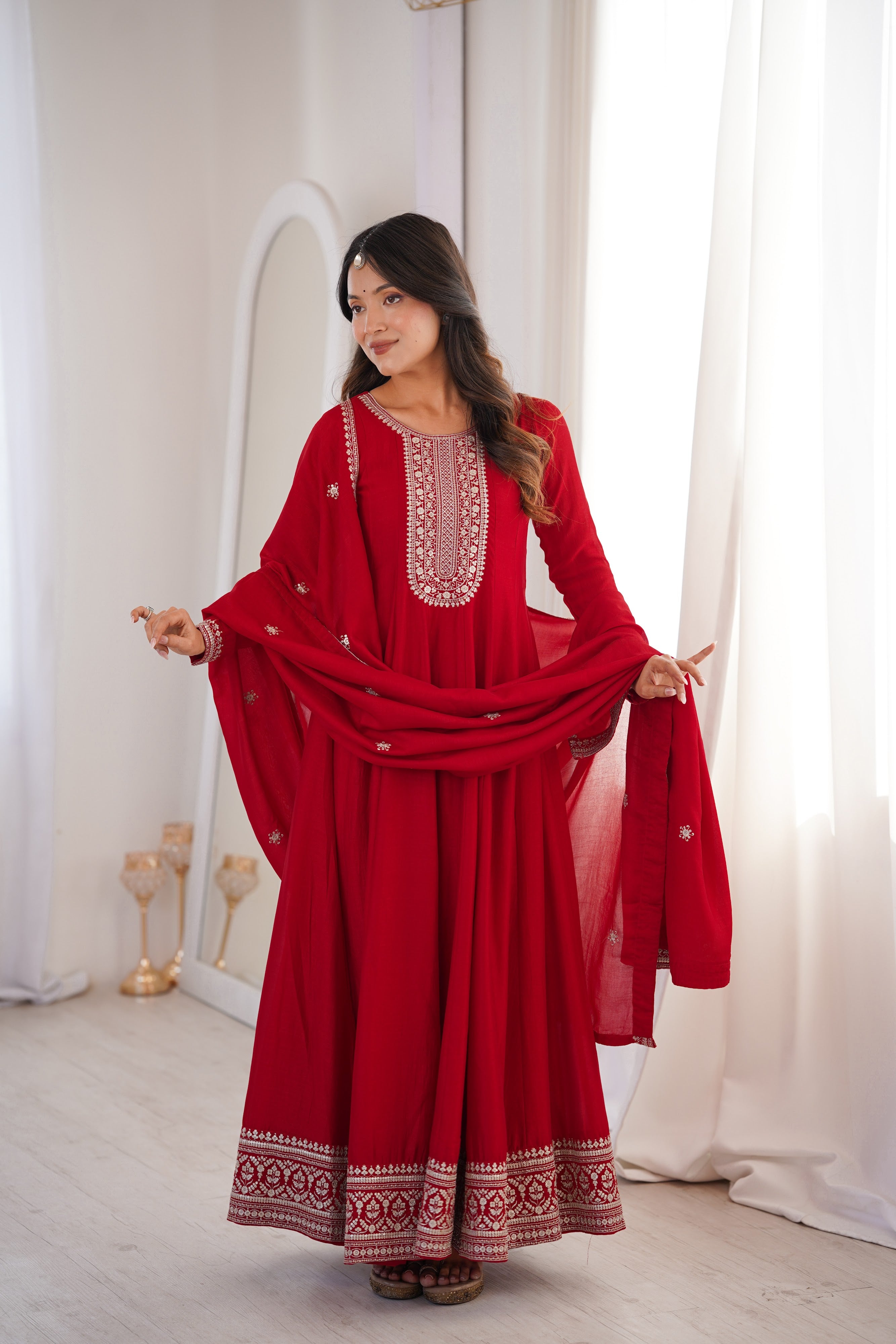Vichitra Silk Embroidered Gown Set – Dark Red