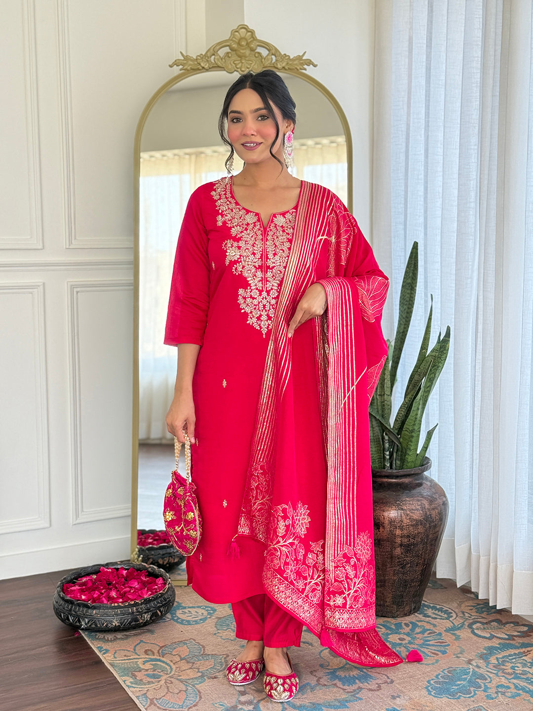 Roman Silk Embroidered Kurta Pant Dupatta Set – Rani Pink