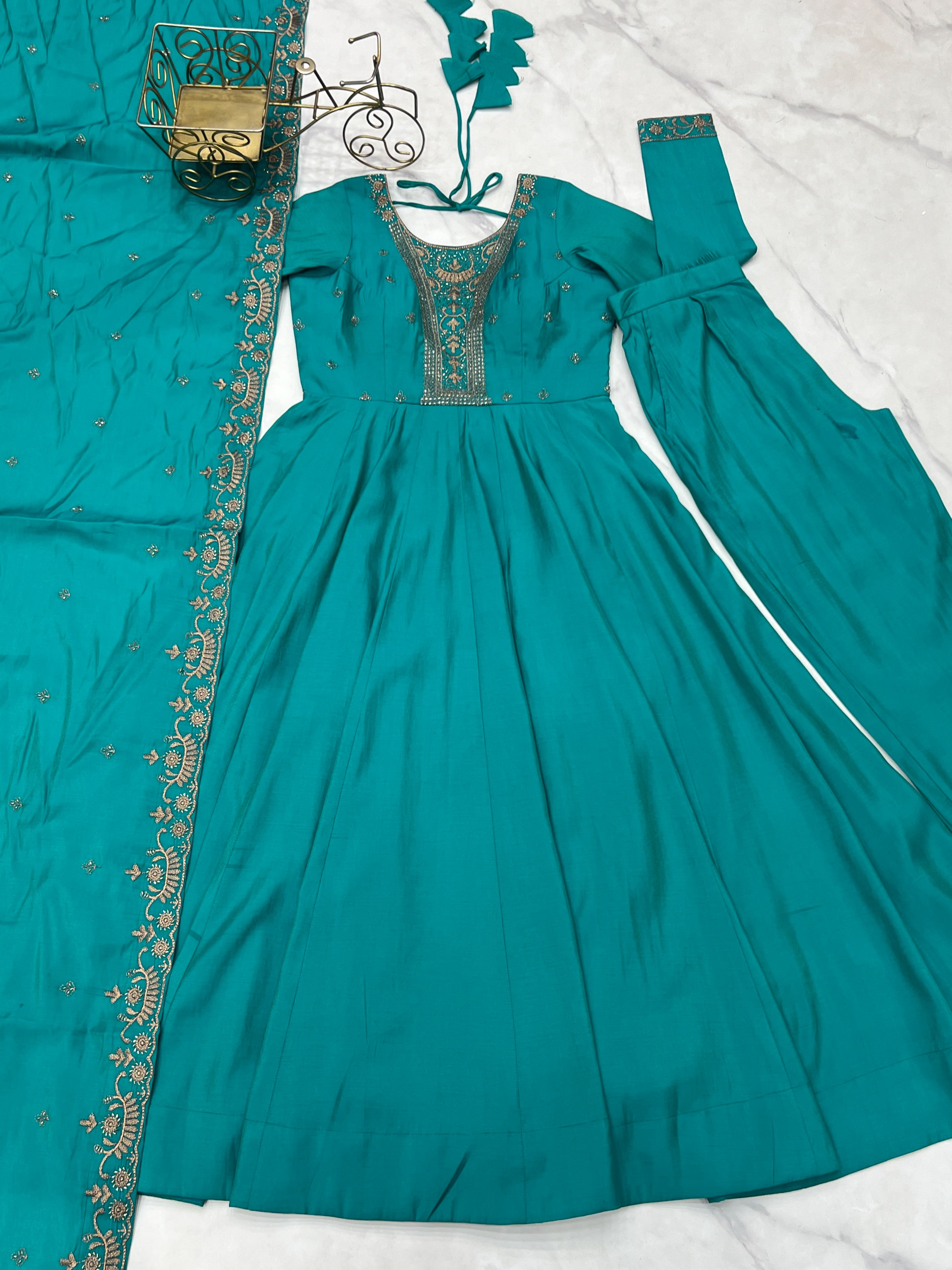 Roman Chanderi Silk Embroidered Anarkali Set – Teal Blue